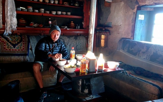 Pete enjoying breakfast in the inn's kitchen